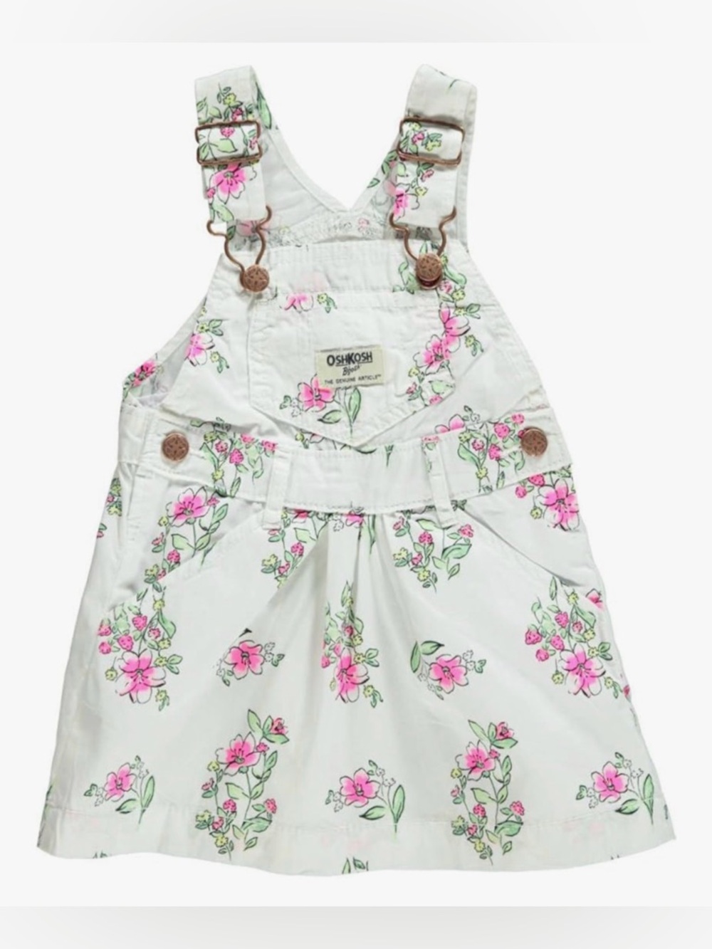 OshKosh B'gosh White Floral Pink & Green Overall Dress